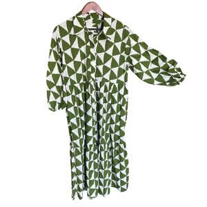 Maeve Anthropologie Green White Geometric Button Front Maxi Dress Medium